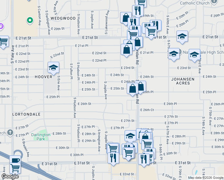 map of restaurants, bars, coffee shops, grocery stores, and more near 5914 East 25th Street in Tulsa