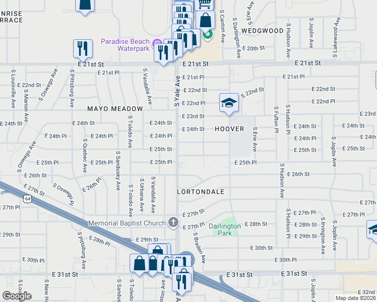 map of restaurants, bars, coffee shops, grocery stores, and more near 4912 East 25th Street in Tulsa
