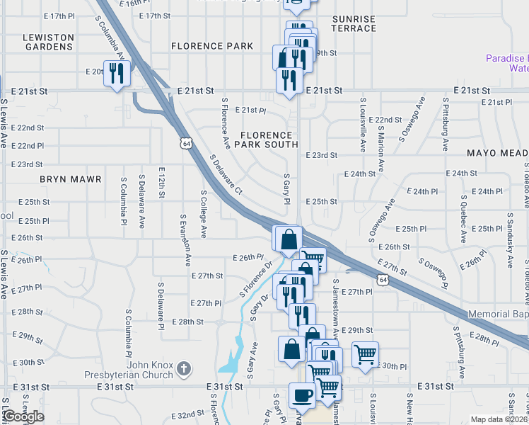 map of restaurants, bars, coffee shops, grocery stores, and more near 2346 South Delaware Court in Tulsa