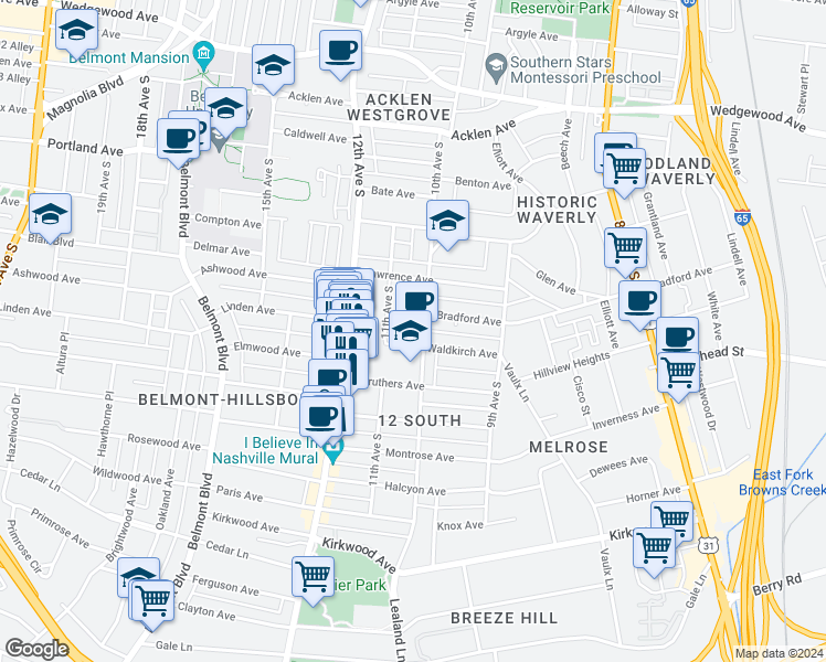 map of restaurants, bars, coffee shops, grocery stores, and more near 2223 10th Avenue South in Nashville