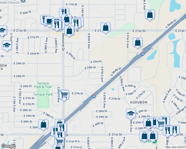 map of restaurants, bars, coffee shops, grocery stores, and more near 8516 East 24th Place in Tulsa