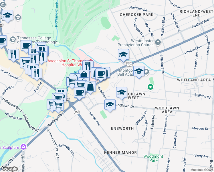 map of restaurants, bars, coffee shops, grocery stores, and more near 4231 U.S. 70S in Nashville