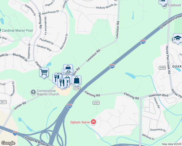 map of restaurants, bars, coffee shops, grocery stores, and more near 3514 Lewiston Road in Greensboro