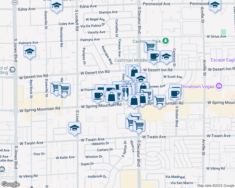 map of restaurants, bars, coffee shops, grocery stores, and more near 5111 West Pioneer Avenue in Las Vegas