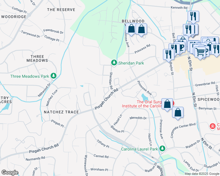 map of restaurants, bars, coffee shops, grocery stores, and more near 50 Ackland Drive in Greensboro