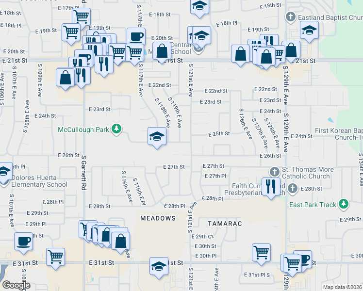 map of restaurants, bars, coffee shops, grocery stores, and more near 11904 East 25th Street in Tulsa