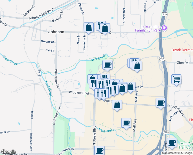 map of restaurants, bars, coffee shops, grocery stores, and more near 7 East Boulder Creek Boulevard in Fayetteville