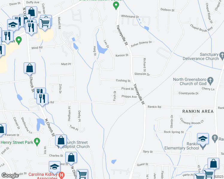 map of restaurants, bars, coffee shops, grocery stores, and more near 1114 Picard Street in Greensboro