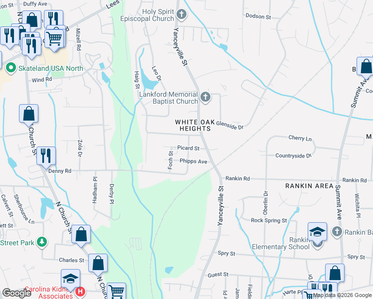 map of restaurants, bars, coffee shops, grocery stores, and more near 2709 Pershing Street in Greensboro
