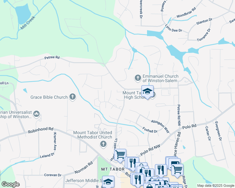 map of restaurants, bars, coffee shops, grocery stores, and more near 4060 Huntingreen Lane Northwest in Winston-Salem