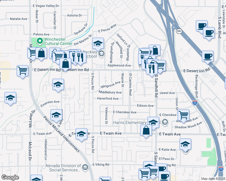 map of restaurants, bars, coffee shops, grocery stores, and more near 3536 Middlebury Ave in Las Vegas