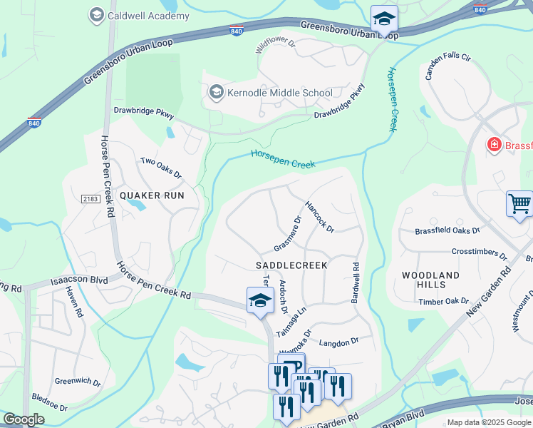 map of restaurants, bars, coffee shops, grocery stores, and more near 3611 Tagus Drive in Greensboro