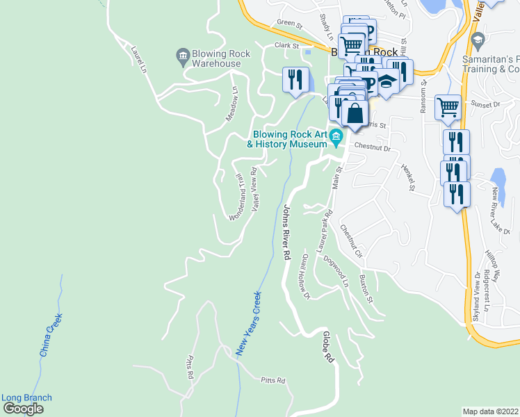 map of restaurants, bars, coffee shops, grocery stores, and more near 361 Valley View Road in Blowing Rock