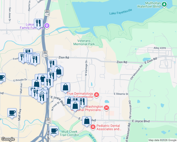map of restaurants, bars, coffee shops, grocery stores, and more near 4190 Meadow View Drive in Fayetteville