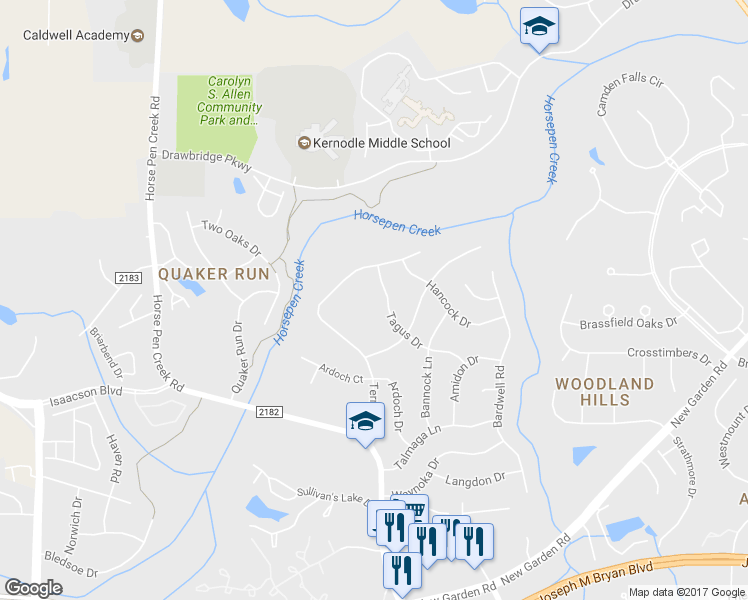 map of restaurants, bars, coffee shops, grocery stores, and more near 3611 Tagus Drive in Greensboro