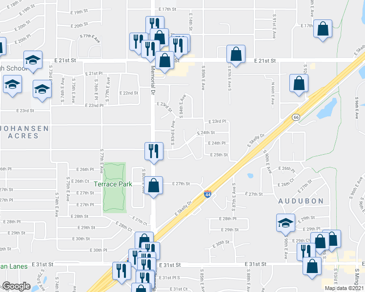 map of restaurants, bars, coffee shops, grocery stores, and more near 8315 East 24th Street in Tulsa