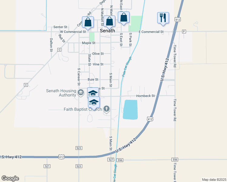 map of restaurants, bars, coffee shops, grocery stores, and more near 100 Karnes Street in Senath