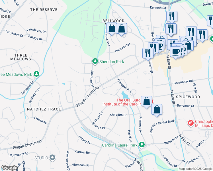 map of restaurants, bars, coffee shops, grocery stores, and more near 25 Park Village Lane in Greensboro