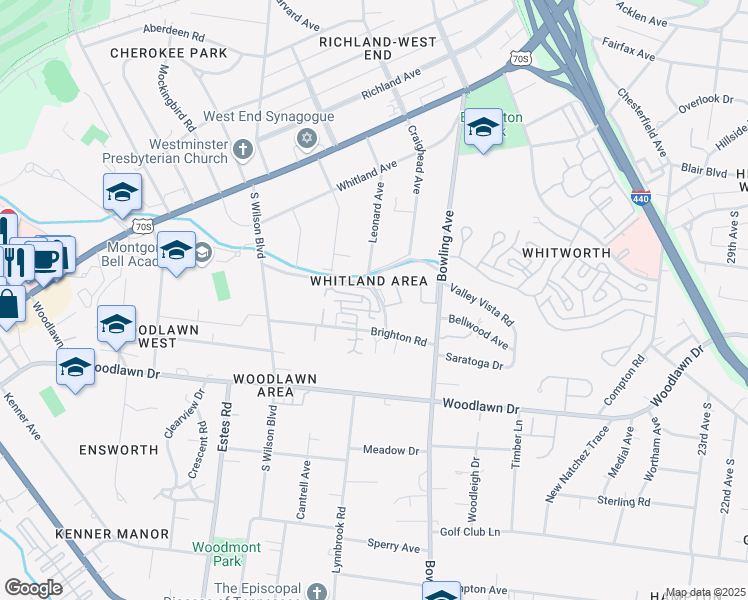 map of restaurants, bars, coffee shops, grocery stores, and more near 124 Brighton Close in Nashville