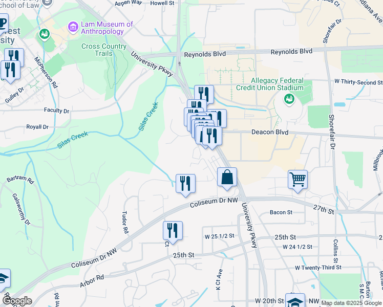 map of restaurants, bars, coffee shops, grocery stores, and more near 2934 Ramsgate Court in Winston-Salem