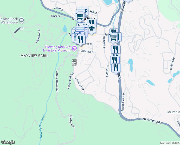 map of restaurants, bars, coffee shops, grocery stores, and more near 521 Chestnut Drive in Blowing Rock