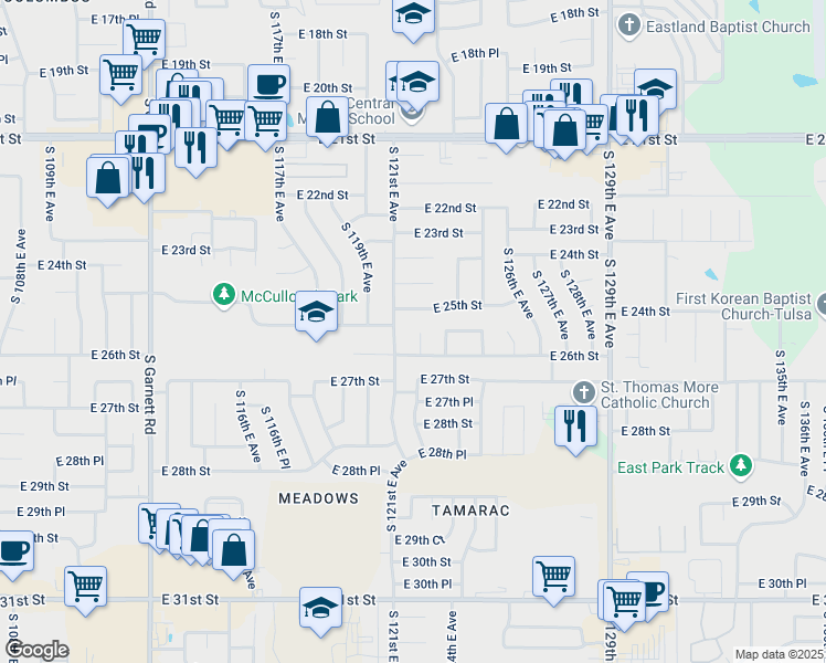 map of restaurants, bars, coffee shops, grocery stores, and more near 2504 South 122nd East Avenue in Tulsa