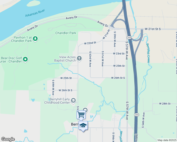 map of restaurants, bars, coffee shops, grocery stores, and more near 2380 South 63rd West Avenue in Tulsa