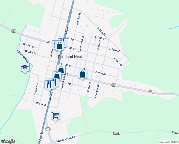 map of restaurants, bars, coffee shops, grocery stores, and more near 412 East 10th Street in Scotland Neck