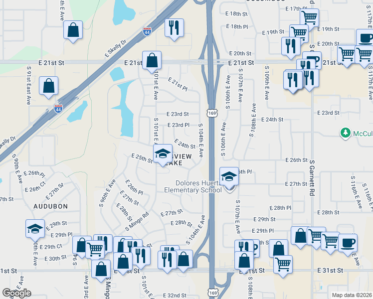 map of restaurants, bars, coffee shops, grocery stores, and more near 10222 E 24th St in Tulsa