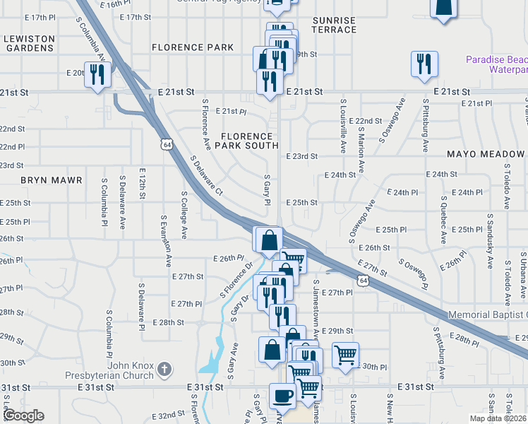 map of restaurants, bars, coffee shops, grocery stores, and more near 2371 South Delaware Court in Tulsa