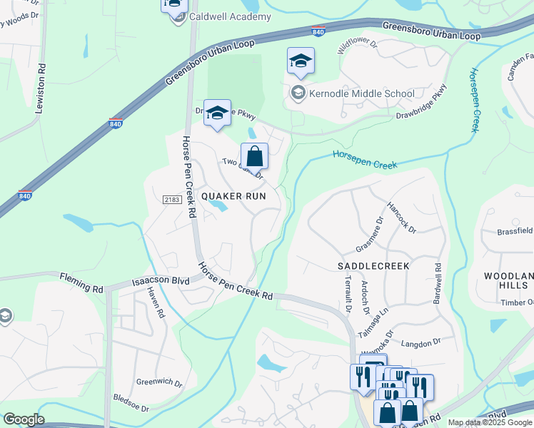 map of restaurants, bars, coffee shops, grocery stores, and more near 3402 Quaker Run Drive in Greensboro