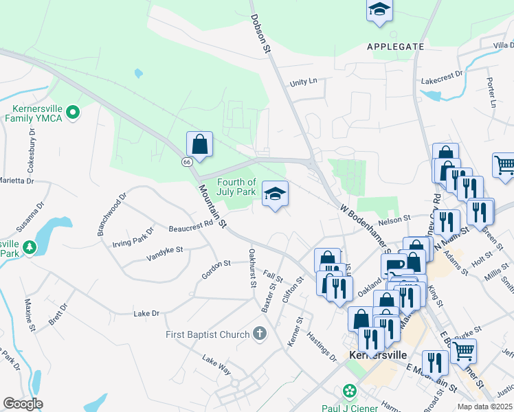 map of restaurants, bars, coffee shops, grocery stores, and more near 512 West Mountain Street in Kernersville