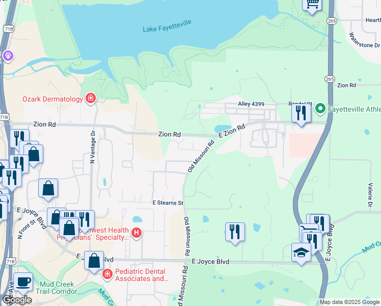 map of restaurants, bars, coffee shops, grocery stores, and more near 2203 East Cinnamon Way in Fayetteville