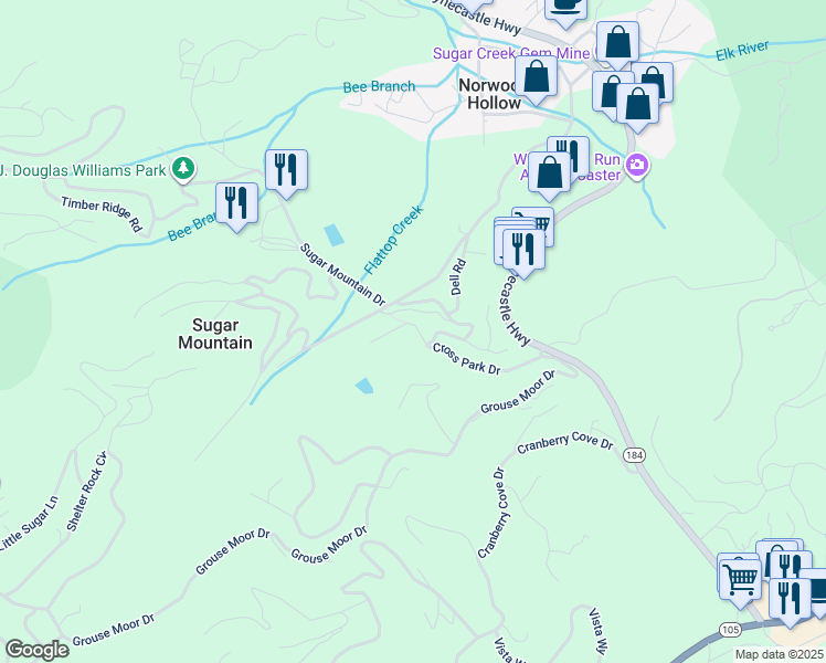 map of restaurants, bars, coffee shops, grocery stores, and more near 121 Park Lane in Sugar Mountain