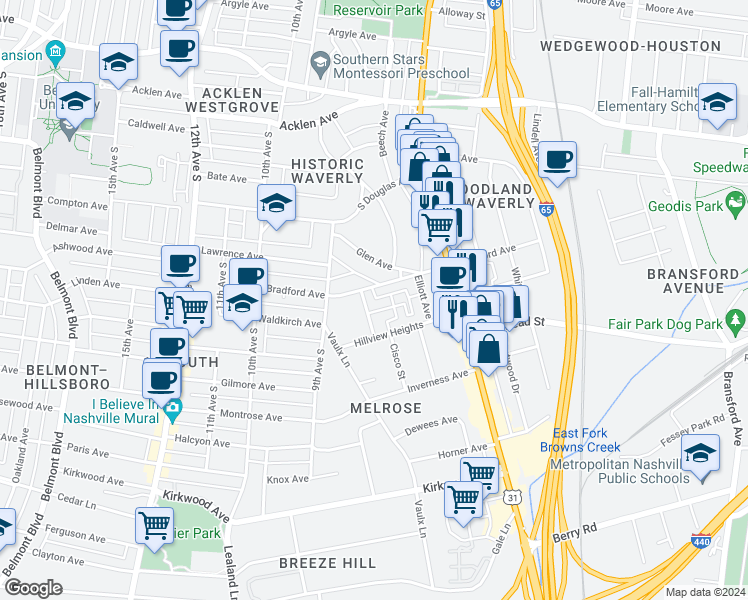 map of restaurants, bars, coffee shops, grocery stores, and more near 2214 Knowles Avenue in Nashville