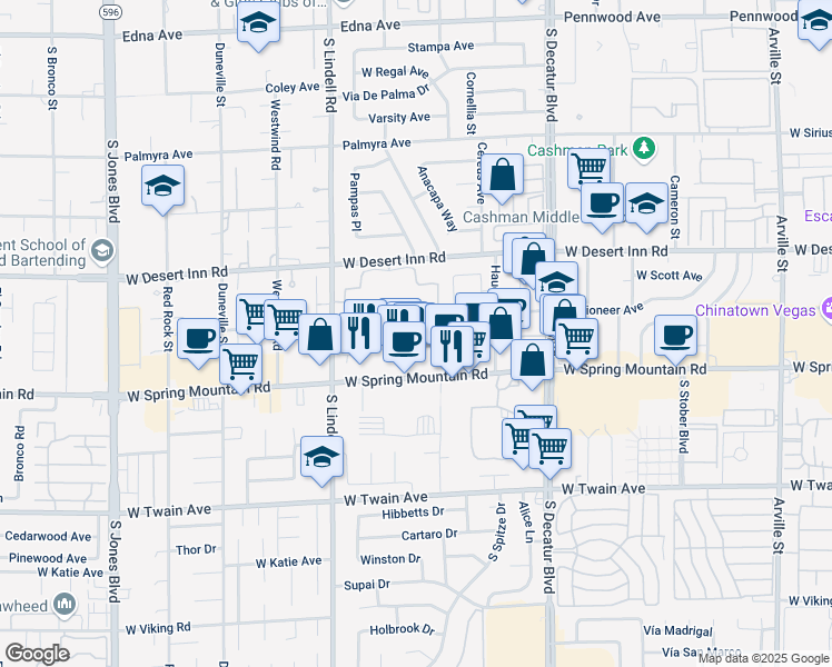 map of restaurants, bars, coffee shops, grocery stores, and more near 5281 West Pioneer Avenue in Las Vegas