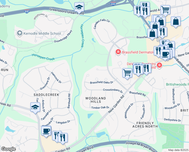 map of restaurants, bars, coffee shops, grocery stores, and more near 3806 Windy Oaks Ct in Greensboro