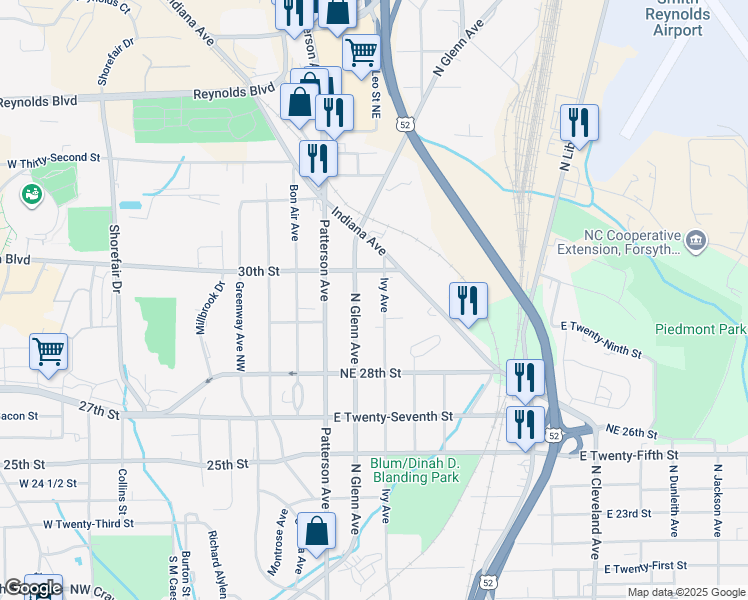 map of restaurants, bars, coffee shops, grocery stores, and more near 2918 Ivy Avenue in Winston-Salem