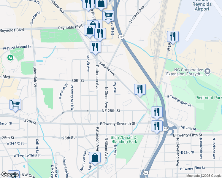 map of restaurants, bars, coffee shops, grocery stores, and more near 2918 Ivy Avenue in Winston-Salem