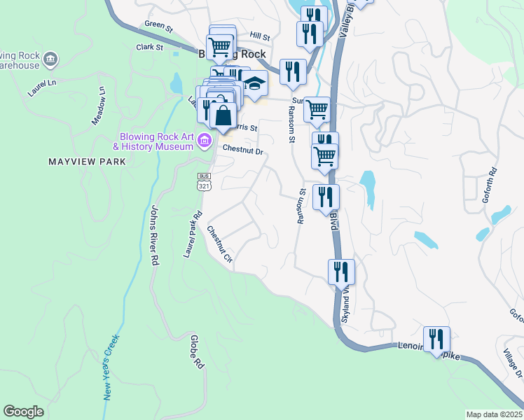 map of restaurants, bars, coffee shops, grocery stores, and more near 521 Chestnut Drive in Blowing Rock
