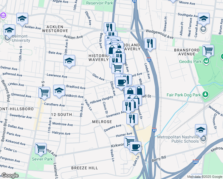 map of restaurants, bars, coffee shops, grocery stores, and more near 2310 Elliott Avenue in Nashville