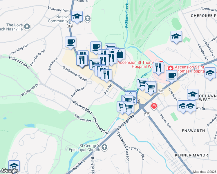 map of restaurants, bars, coffee shops, grocery stores, and more near 17 White Bridge Pike in Nashville