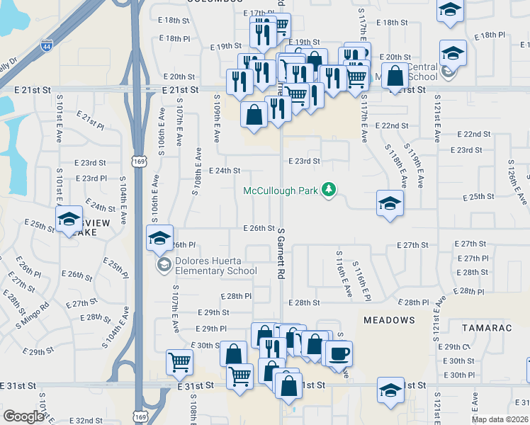 map of restaurants, bars, coffee shops, grocery stores, and more near 2531 South 112th East Avenue in Tulsa