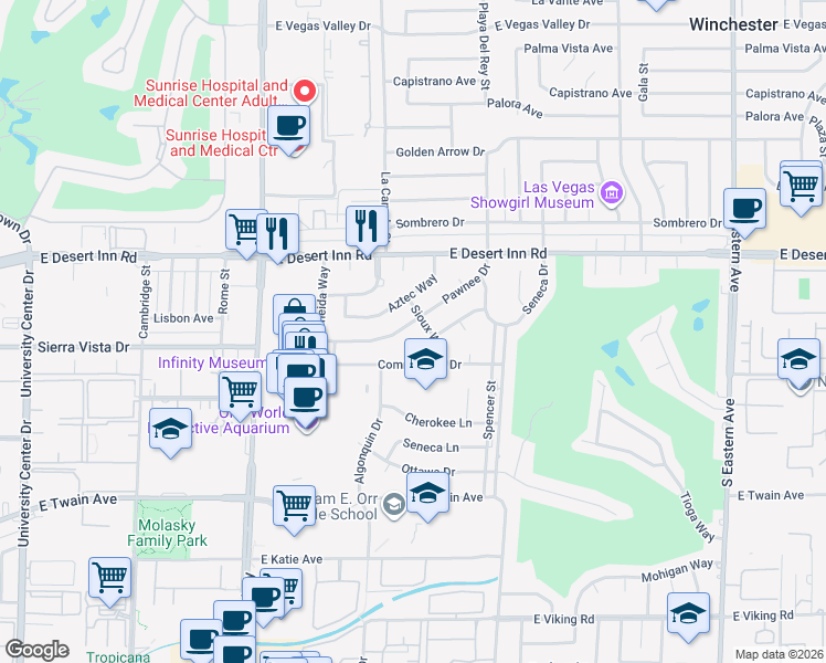 map of restaurants, bars, coffee shops, grocery stores, and more near 1571 Pawnee Drive in Las Vegas