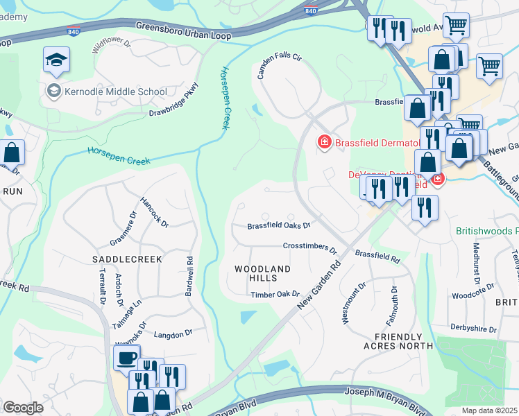 map of restaurants, bars, coffee shops, grocery stores, and more near 3806 Windy Oaks Ct in Greensboro