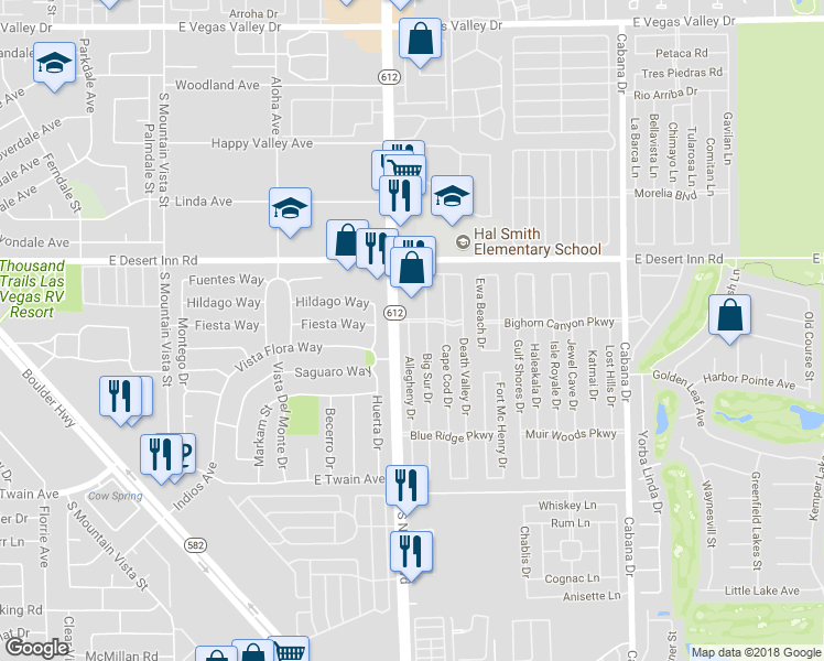 map of restaurants, bars, coffee shops, grocery stores, and more near 3394 Allegheny Drive in Las Vegas