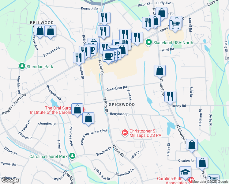 map of restaurants, bars, coffee shops, grocery stores, and more near 5 Pyracantha Court in Greensboro