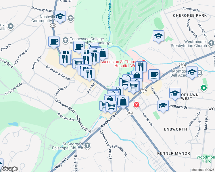map of restaurants, bars, coffee shops, grocery stores, and more near 26 White Bridge Road in Nashville
