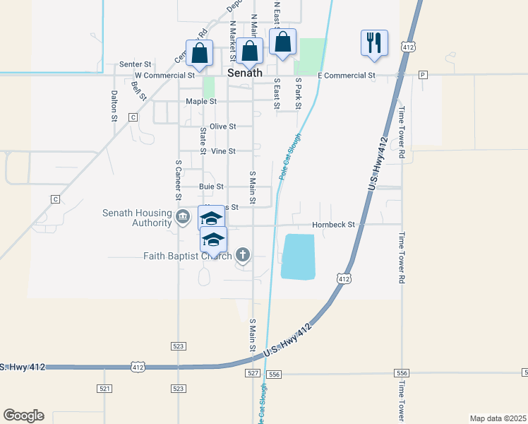 map of restaurants, bars, coffee shops, grocery stores, and more near 100 Karnes Street in Senath