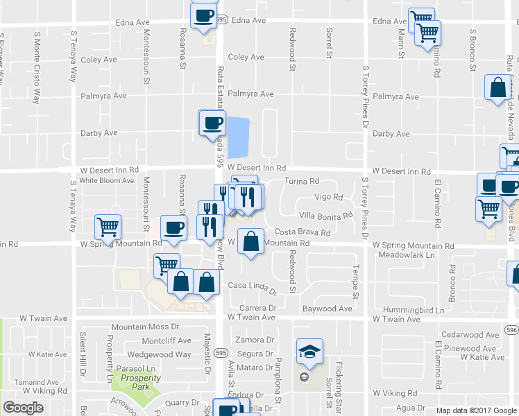 map of restaurants, bars, coffee shops, grocery stores, and more near 3405 Costa Verde Street in Las Vegas
